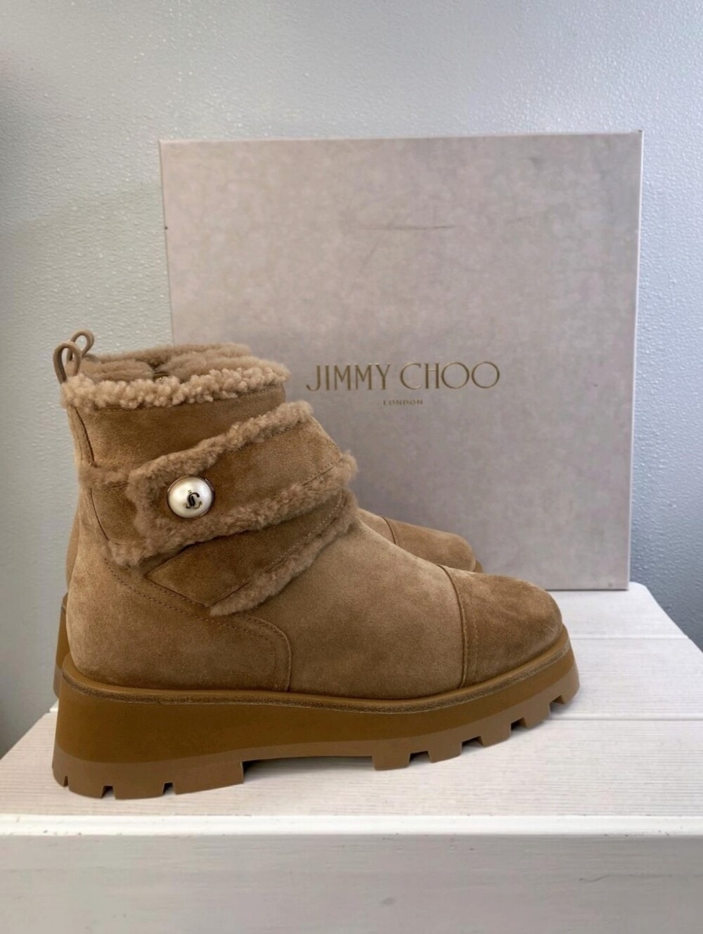 Jimmy Choo Meena Flat Shearling Zip Ankle Boots Womens US12 EU42 Toffee New - Picture 2 of 15